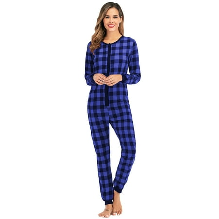 〖Yilirongyumm〗 Blue L Pajamas For Women’S Fashion Checkered Printed Button Down Jumpsuit Nightgown Supersoft Thick Pajamas Warm Loungewear Party Family