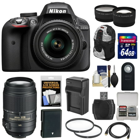 Nikon D3300 Digital SLR Camera & 18-55mm G VR DX II AF-S Zoom Lens (Black) with 55-300mm VR Lens + 64GB Card + Backpack + Battery & Charger + Tele\/Wide Lens Kit Nikon D3300 Digital SLR Camera & 18-55mm G VR DX II AF-S Zoom Lens (Black) with 55-300mm VR Lens + 64GB Card + Backpack + Battery & Charger + Tele\/Wide Lens Kit