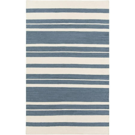 8' x 11' Epais Raye Smokey Blue and Beige Reversible Hand Woven Wool Area Throw Rug