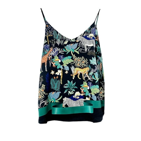 

Fsqjgq Loose Fit Top Women Printing Shoulder Ethnic Pattern V-Neck Sling Strap Tropical Jungle Thin Color Women s Tanks & Camis Camisole Top With Bra Polyester Black Xl