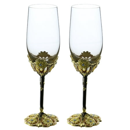 Pair of Fairytale inspired Metal Stem Fully Decorated Champagne Flute Glasses Gift Set