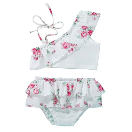 Dewadbow Toddler Baby Girl Ruffle Swimsuit Bikini One Shoulder Beachwear