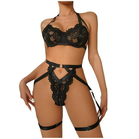 

Hfyihgf Women Fishnet Lingerie Set with Garter Belts Sexy Halter V-Neck Bra and Panty Set Floral Lace Teddy Babydoll Bodysuit(Black M)