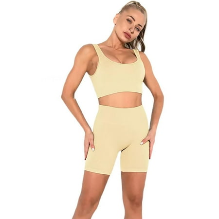 Seamless knitted Sexy Sports short sleeve shorts bra Yoga suit fitness Pants Set off-white