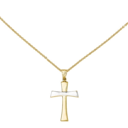 Primal Gold 14 Karat Yellow Gold and Rhodium Polished Cross Pendant with 18-inch Chain