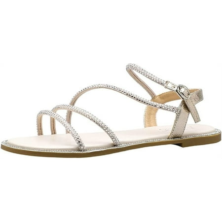 CoCopeaunts Women\‘s Open Toe Strappy Flat Sandals Summer Rhinestone Walking Sandals Comfy Elastic Ankle Strap Sandals Shoes
