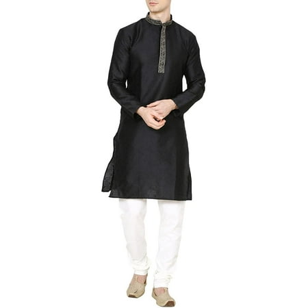 Royal Mens Jacqaurd Silk Embroidered Kurta Pyjama Set Black