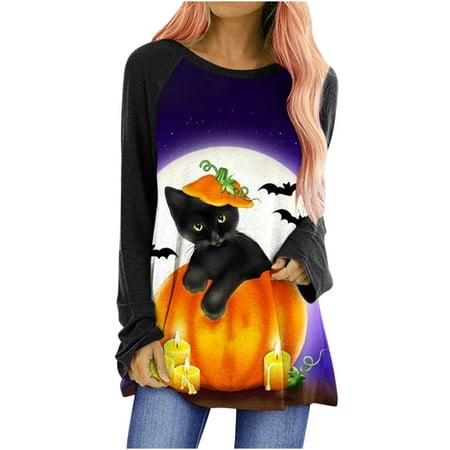 Womens Halloween Black Cat Top Hide Belly Tunic Tops Crewneck Long Sleeve Baggy Shirt Blouse to Wear with Leggings