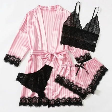 Xysaqa Women s Satin Pajamas Set 4pcs Lingerie Floral Lace Cami Sleepwear Loungewear with Striped Robe
Xysaqa Women s Satin Pajamas Set 4pcs Lingerie Floral Lace Cami Sleepwear Loungewear with Striped Robe