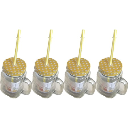 All For You Set of 4 Glass Mason Jar Mugs with Handles Old Fashioned Drinking Glass ( 4 Yellow )