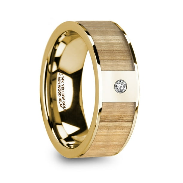Metis Mens Polished 14K Yellow Gold Wedding Band With Ash Wood Inlay Diamond