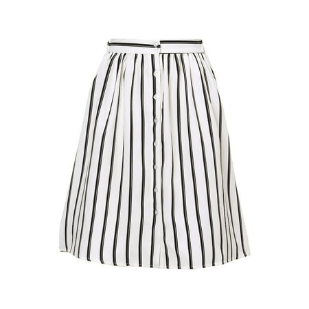 Women's Vintage Buttoned Front Elastic Back Waist A Line Striped Midi Skirt White XL (US 18)