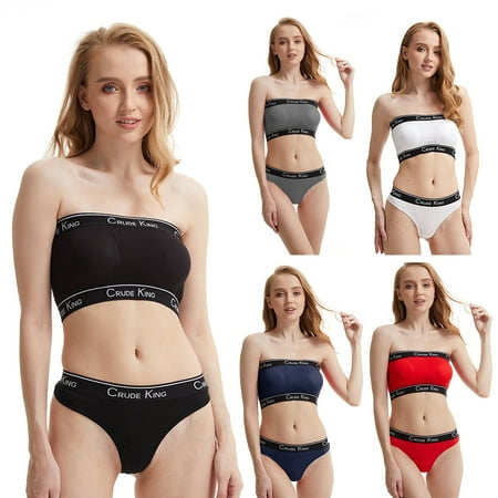 harmtty 2Pcs/Set Padded Wireless Low Waist Bra Panties Set Women Letter Splicing Trim Bandeau Bra Briefs Set White