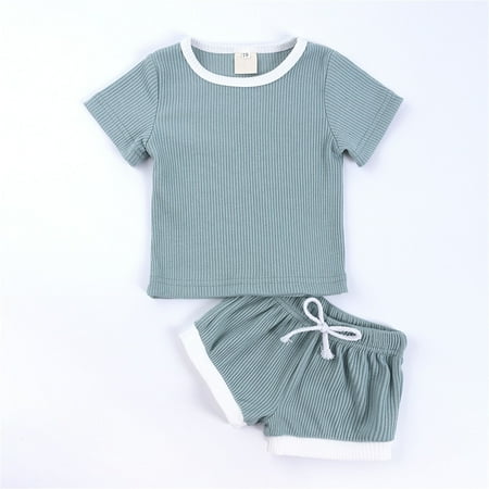 Toddlers Kids Girls Boys Fashional Ribbed Soild Short Sleeve Top Short Pants 2pcs Pajamas Sleepwear Outfits Set