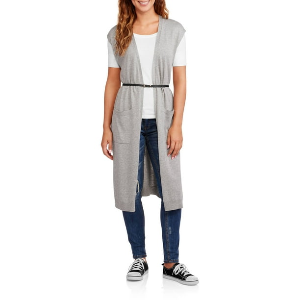 Women's Long Sleeveless Cardigan Sweater with Belt