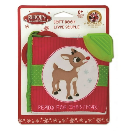 Rudolph Soft Book: Teether, Multiple Textures, And Crinkle. On-The-Go Clip