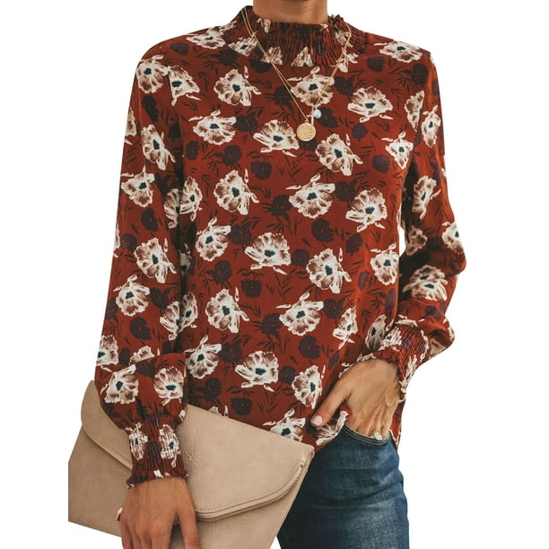 Women Floral Print Elastic Crew Neck Long Sleeves Blouse