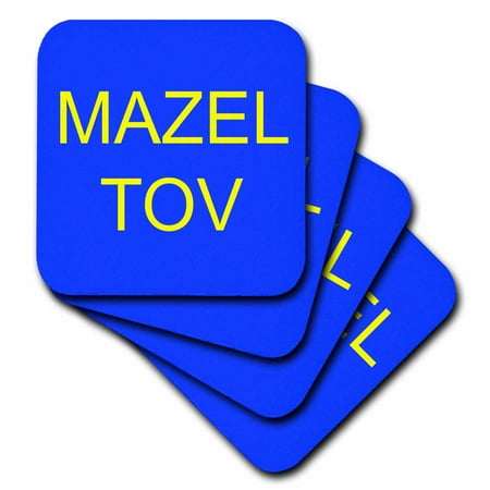 3dRose mazel tov yellow lettering on blue background Soft Coasters set of 8