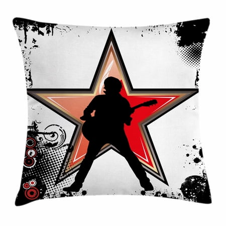 Rock Music Throw Pillow Cushion Cover, Guitar Player Star Abstract Monochrome Splashes and Halftone Frame Pattern, Decorative Square Accent Pillow Case, 20 X 20 Inches, Black Red Peach, by Ambesonne