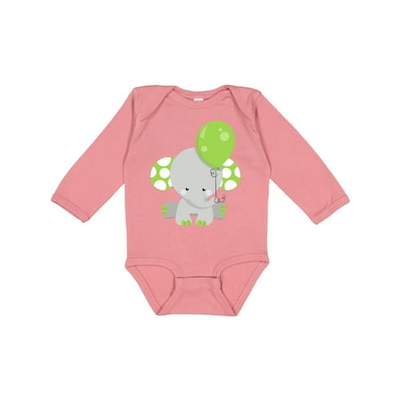 Inktastic Little Gray Elephant Holding A Green Balloon Gift Baby Boy or Baby Girl Long Sleeve Bodysuit