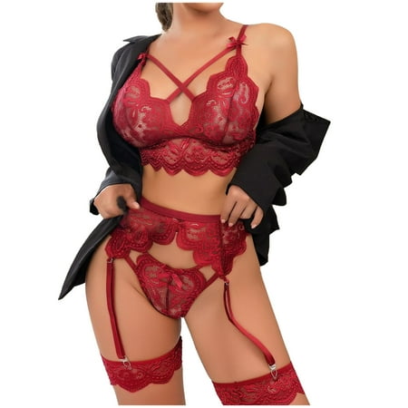 

Hfyihgf Women 3 Piece Lingerie Set with Garter Belts Sexy Criss-Cross V-Neck Bra and Panty Set Lace Teddy Babydoll Bodysuit(Wine S)