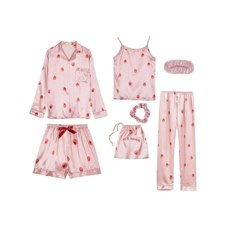 LACOZY Women Strawberry Printed Pajama Cute Satin Sleepwear 7 Piece Set
