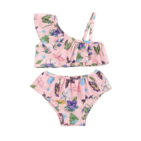 Pfysire Kids Girls Floral Swimsuit Ruffle Top Bikini Set Bathing Suit 3-6 M Pink