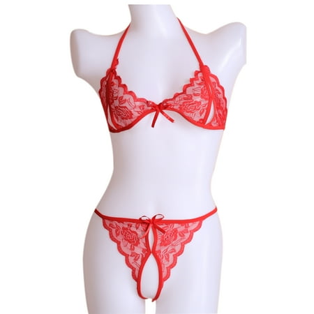 Aktudy Women Lace Open Bra Crotchless Thong G-string T-back Set Lingerie