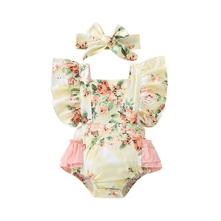 Liliz Baby Girl Romper Lace/Floral Print Design Flying Sleeves Square Neck Style Jumpsuit + Bow Headband 
Liliz Baby Girl Romper Lace/Floral Print Design Flying Sleeves Square Neck Style Jumpsuit + Bow Headband