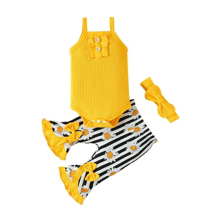 Baby Girls Summer Jumpsuits Set Ribbed Sleeveless Romper and Casual Stretch Floral Striped Flared Pants Headband
Baby Girls Summer Jumpsuits Set Ribbed Sleeveless Romper and Casual Stretch Floral Striped Flared Pants Headband