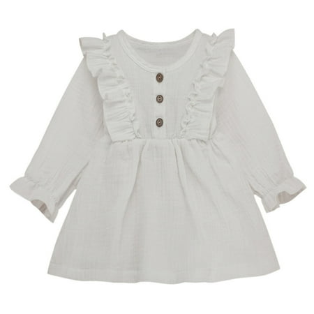 Toddler Girls Casual Button Solid Party Dress Ruffle Princess Linen Clothes
