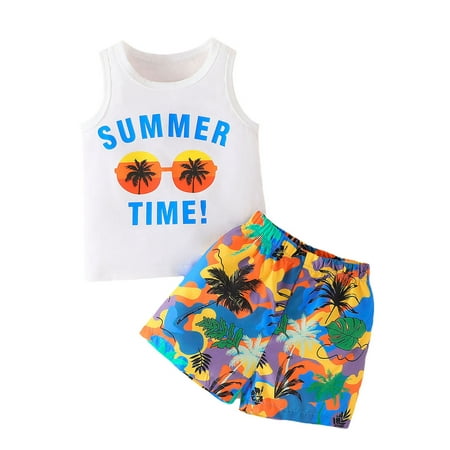 Baby Boys Shorts Set Letters Sunglasses Tank Top with Leaves Print Shorts Summer Outfit