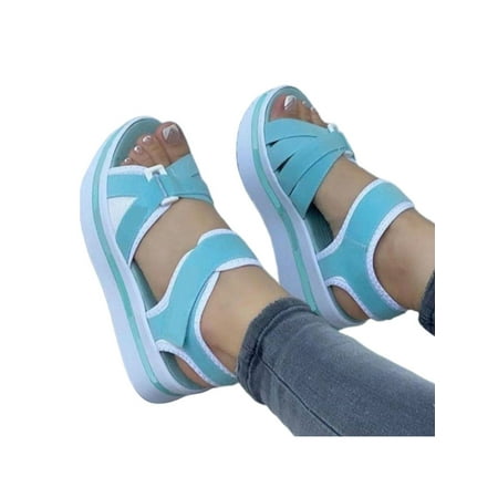 Rotosw Womens Sandal Ankle Strap Platform Sandals Summer Shoes Women Ladies Lightweight Beach Blue 5.5