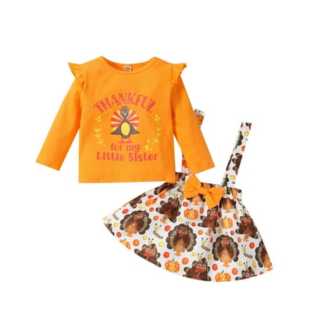 Honeeladyy Toddler Kids Girls Thanksgiving Day Cute Turkey Print Long Sleeve Bow Ruffle Suspender Skirt Orange