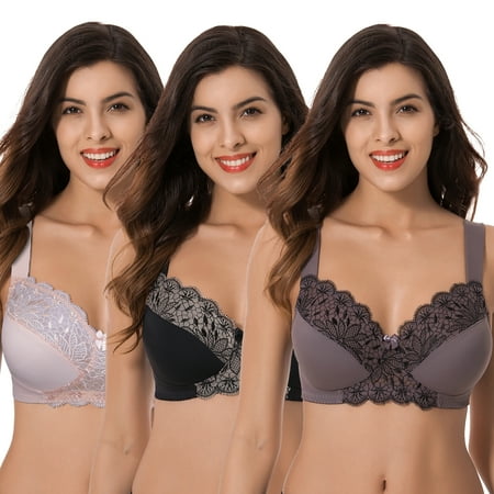 Curve Muse Plus Size Unlined Minimizer Wire Free Bra with Embroidery Lace-3Pack-PINK,Black,GRAY-38DDDD