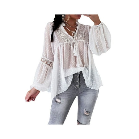 Women s Elegant Chiffon V Neck Shirt Long Sleeve Casual Pom Pom Shirt Swiss Dot Loose Babydoll Top
Women s Elegant Chiffon V Neck Shirt Long Sleeve Casual Pom Pom Shirt Swiss Dot Loose Babydoll Top