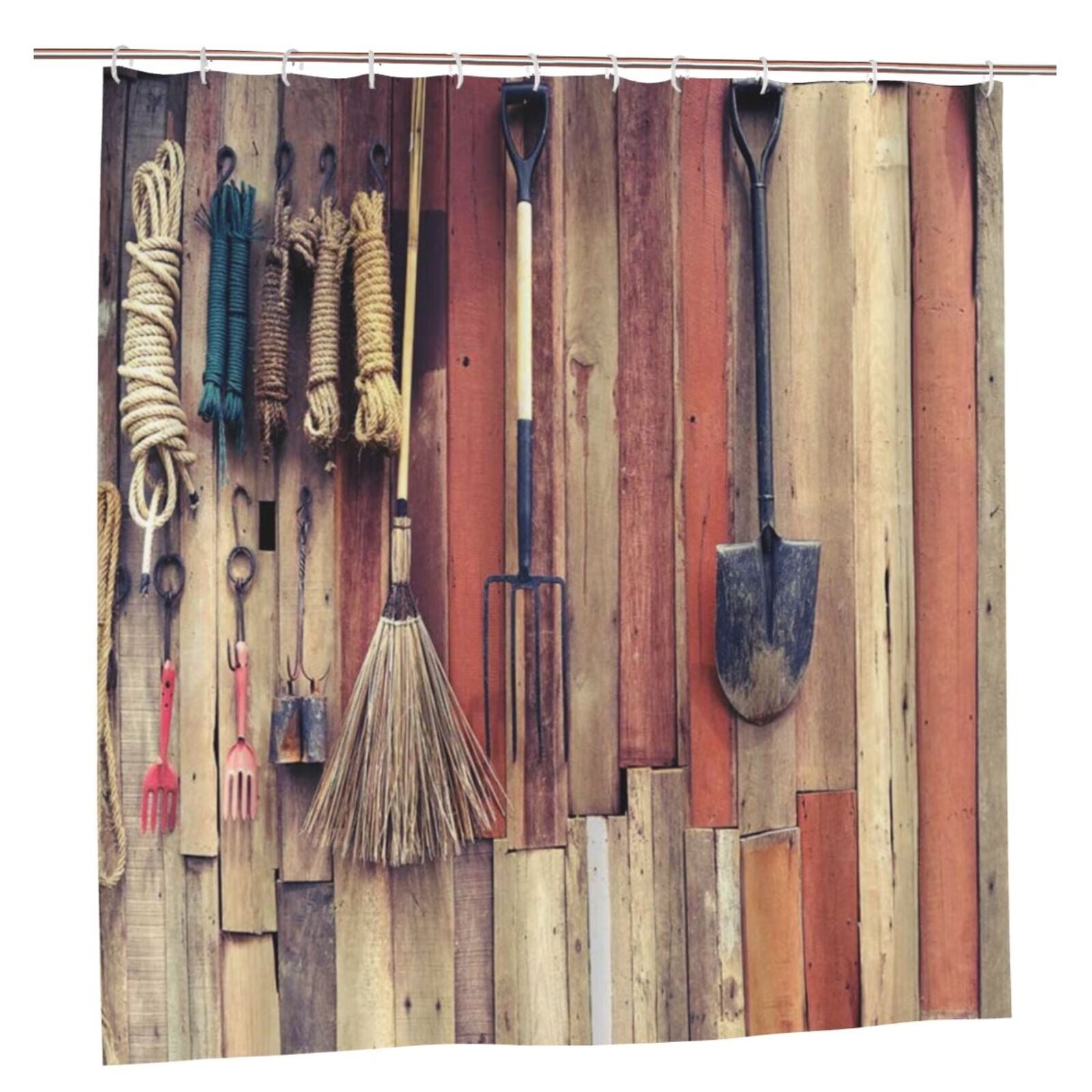 JOOCAR Rustic Shower Curtain Agricultural Tools Hang On Wooden Wall