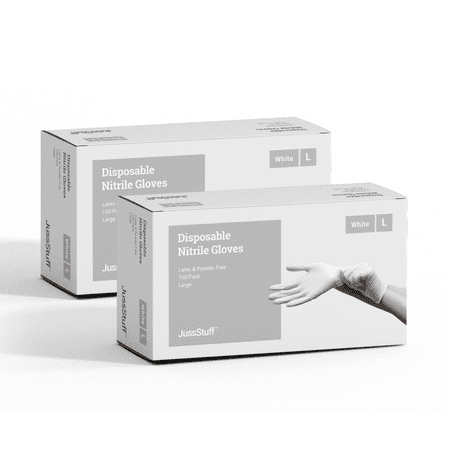 JussStuff Nitrile Gloves Exam Gloves - White - 2 Boxes of 100 Gloves (Large)