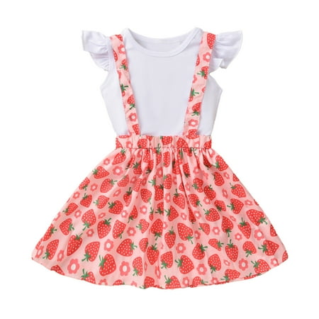 IROINNID Infant Girls Solid Tops Strawberry Fruit Printed Suspender Skirts Sets