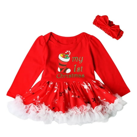Leutsin Toddler Kid Baby Girl Full Sleeves Christmas Skirt Headband Clothes Sets