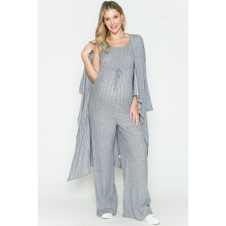 Women Marternity Solid Rib Babydoll Jumpsuit and Cardigan Set