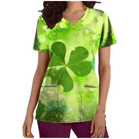 muxika St. Patrick s Day Women s Short Sleeve V-Neck Scrub Tops Working Uniform Printing Pocket Blouse Tops