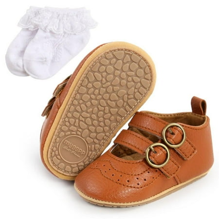 2 pcs Set Autumn PU Leather Shoes For Newborn Baby Boy Soft-soled Toddler Shoes + Socks 0-18M