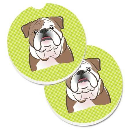 Carolines Treasures BB1281CARC Checkerboard Lime Green English Bulldog Set of 2 Cup Holder Car Coasters Large