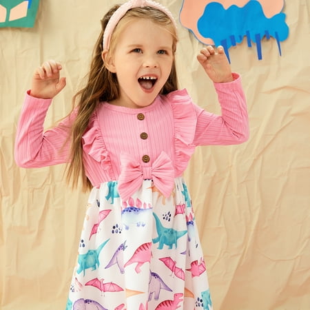 Toddler Girls Long Sleeve Ruffle Splicing Midi Dress Dinosaur Print Bowknot Design Skirt Knee Length Fall Winter Dresses Outfit for Little Girls 1-6T
Toddler Girls Long Sleeve Ruffle Splicing Midi Dress Dinosaur Print Bowknot Design Skirt Knee Length Fall Winter Dresses Outfit for Little Girls 1-6T
