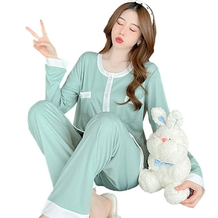 Women s Pajamas Set Loose Casual Long Sleeve Cardigan Fashion Round Neck Sleepwear for Spring Autumn New
Women s Pajamas Set Loose Casual Long Sleeve Cardigan Fashion Round Neck Sleepwear for Spring Autumn New