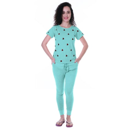 Moomaya Nightwear Set Watermelon Embroidery Slimfit Pyjamas Sleepwear 2 Pcs Set