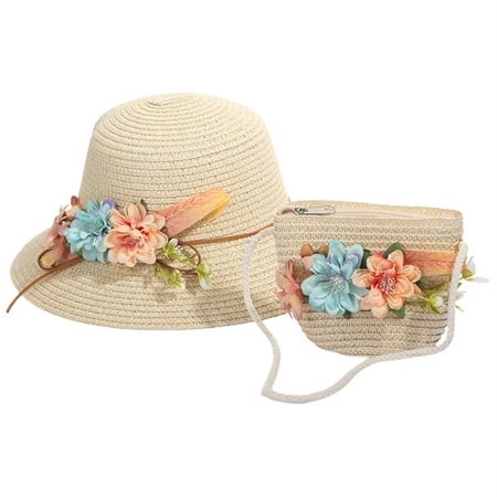 

AOMPMSDX Hats Caps For Kids Girls Cartoon Flower Sunshade Straw Beach Sun + Straw Bag Summer Accessories Children Hat