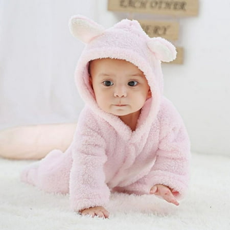

Infant Winter Plush Hooded Bodysuits Solid Color Warm Button Down One-Piece Jumpsuit for Newborn Baby Boys Girls