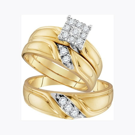 10kt Yellow Gold His & Hers Round Diamond Cluster Matching Bridal Wedding Ring Band Set 1/3 Cttw